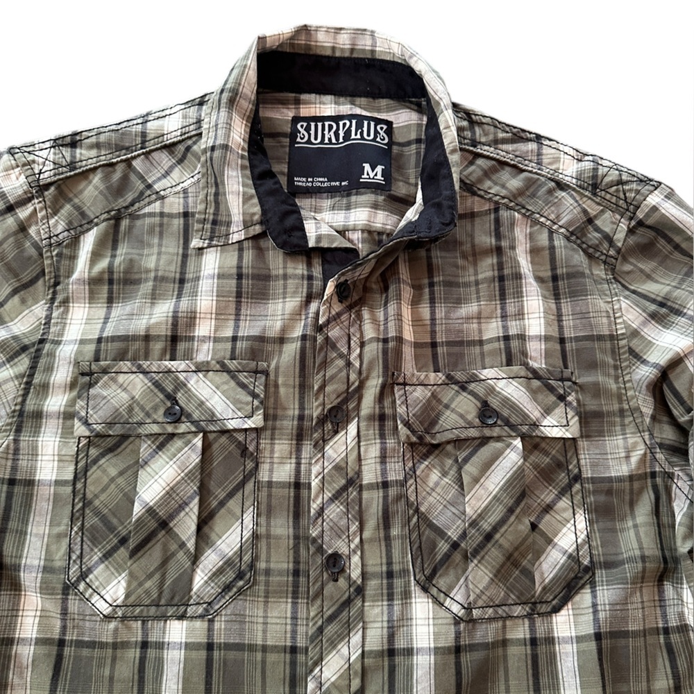 Surplus Men's Medium Casual Plaid Button Down‎ Shirt - Olive and Tan
